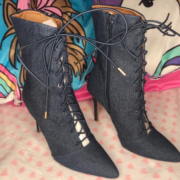 Blue Denim Pointed Ankle Booties. - Picture 2 of 6